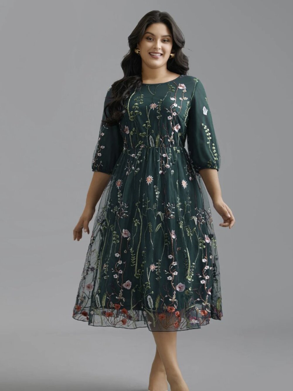 BLOOMCHICK DARK GREEN LINED FLORAL EMBROIDERED MIDI DRESS 18-20 NWT